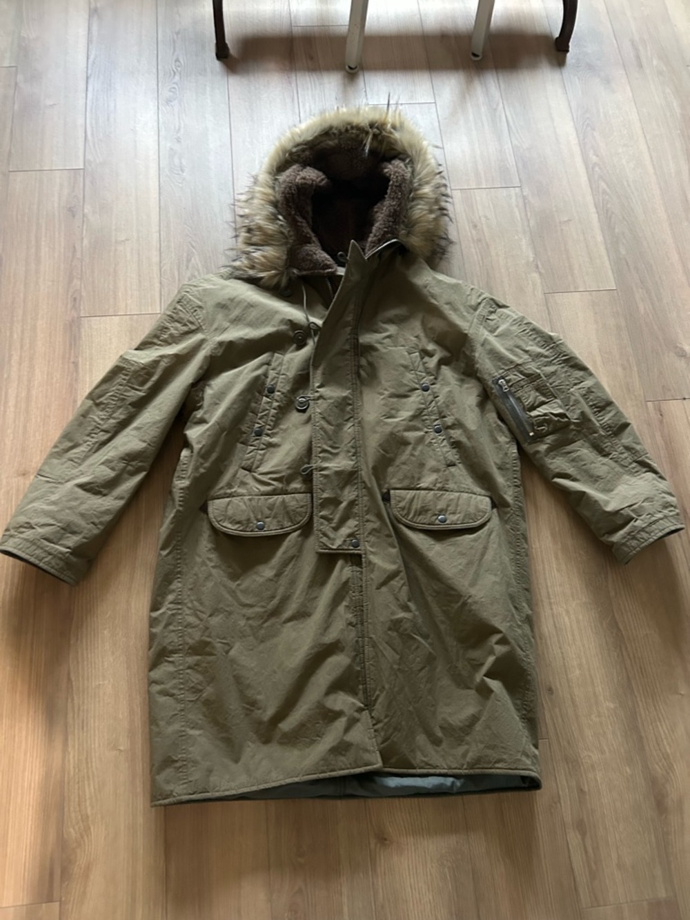 R13 Olive Green Parka Coat with Faux Fur Trim - Picture 3 of 6